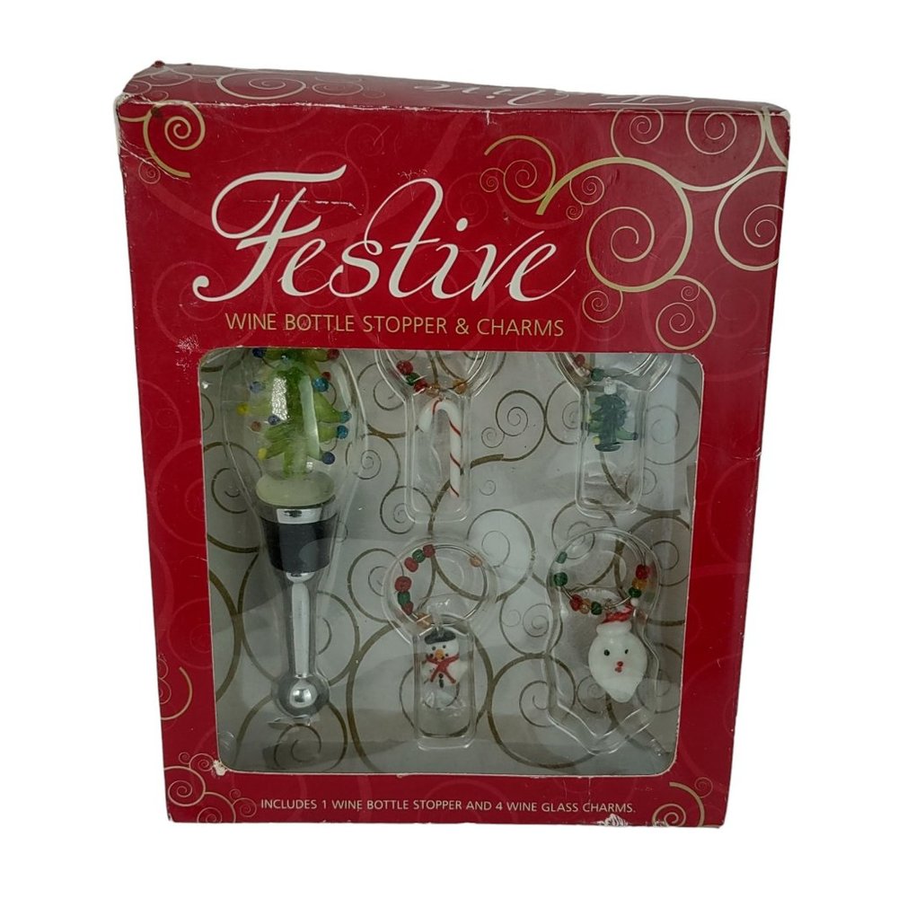 Festive Wine Bottle Stopper And 4 Glass Charms